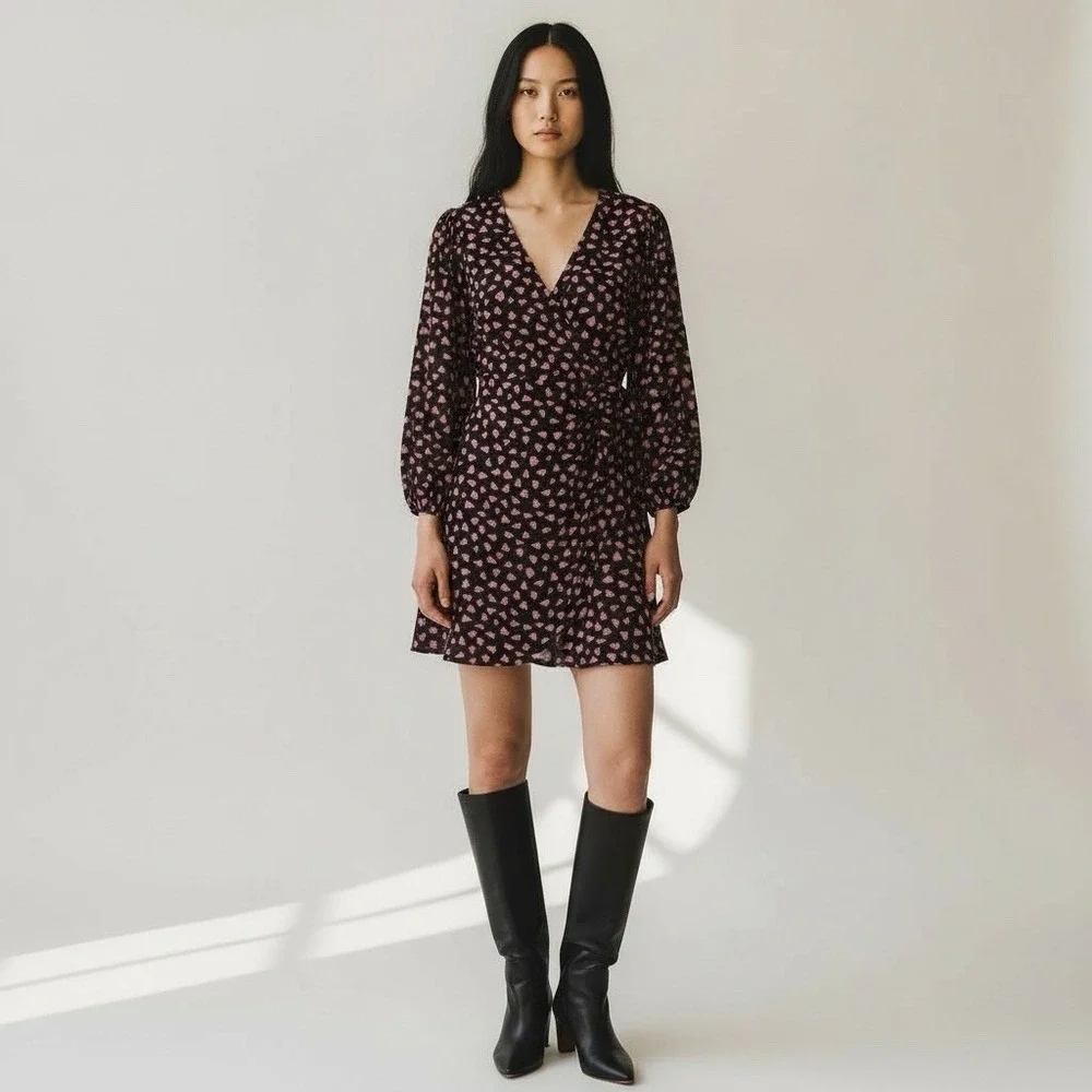FRNCH Paris Size Small Acela‎ Blue Heart Print Mini Wrap Valentines V-Neck Dress
